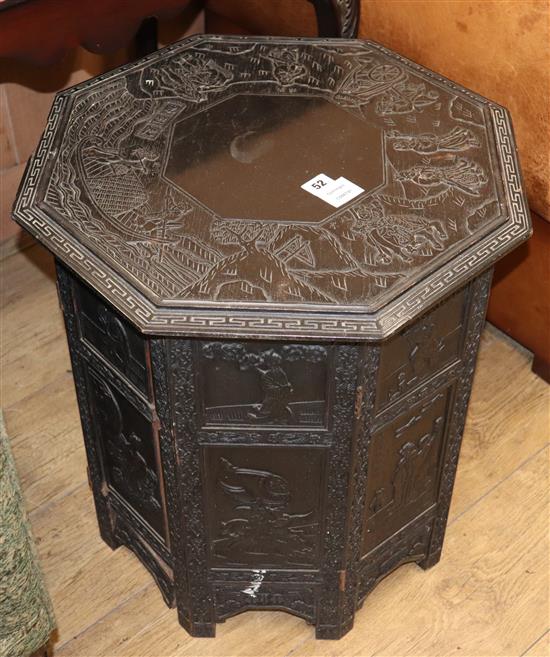 A Chinese carved octagonal ebonised table, W.56cm, H.58cm